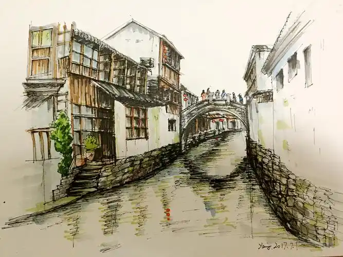 马克笔风景苏州园林