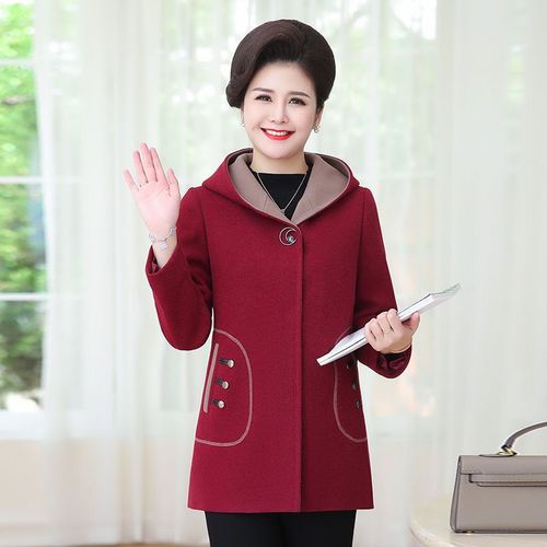 春秋款中老年妈妈女装大衣中长款毛呢连帽新款时尚上衣外套