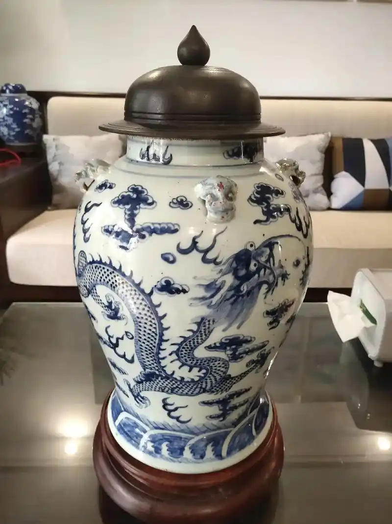清嘉庆年间!青花双龙戏珠将军罐!虽残优珍! - 抖音
