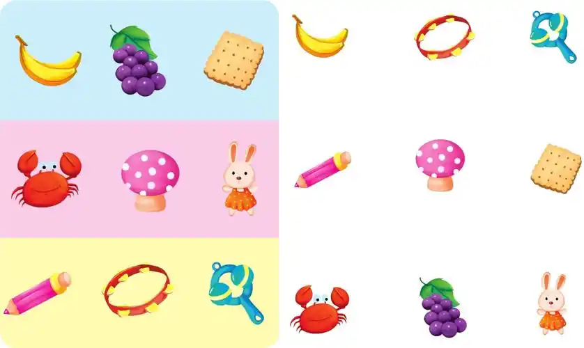 以下每三个物品是一组,请你记住后,将图盖住,在右边图例中将物品配对