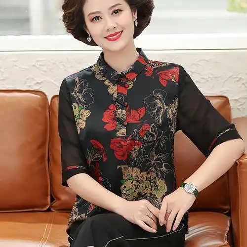 2021新款妈妈夏装仿真丝上衣服中年短袖t恤中老年女雪纺半袖小衫