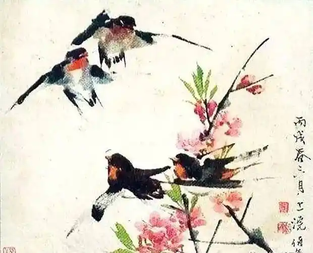 任伯年春燕图,诗情画意!_燕子_飞燕_紫藤