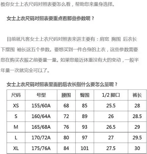 衣服尺码对照表