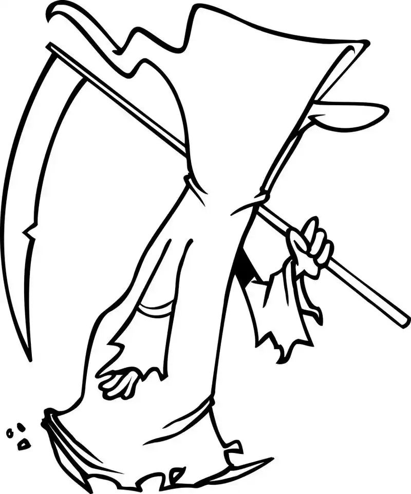 动漫死神,黑色和白色线条艺术插图的卡通死神穿龙袍和携带镰刀