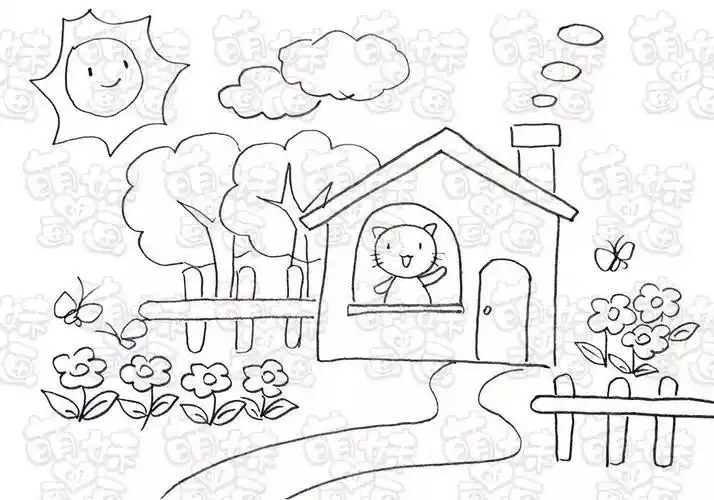 房子小路树白云太阳简笔画