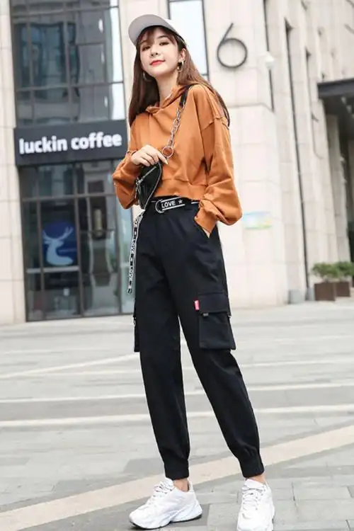 整套工装裤女宽松直筒高腰卫衣2020年新潮薄束脚裤