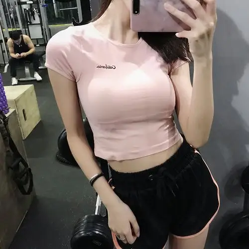 annerun紧身运动上衣女露脐短款性感健身服跑步速干衣瑜伽短袖t恤