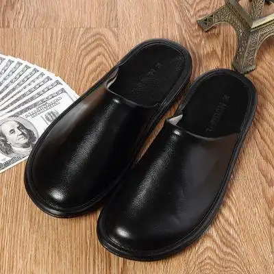 男头层全牛皮高档真皮拖鞋宽版包头春秋地板防滑无声静音家用拖鞋