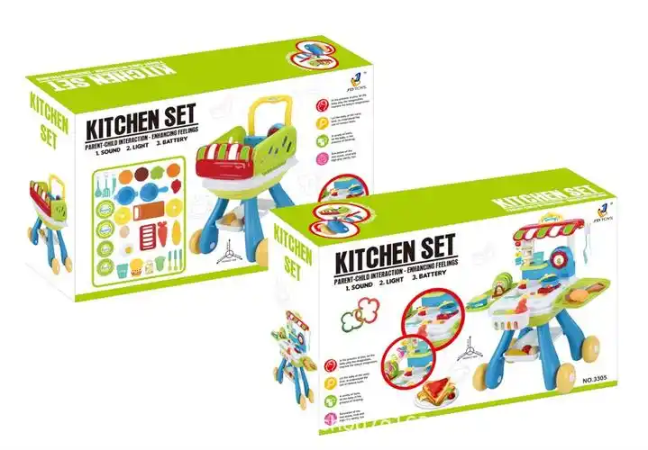 新款2合1购物车厨房台灯光声音儿童益智过家家仿真餐厨具玩具彩盒