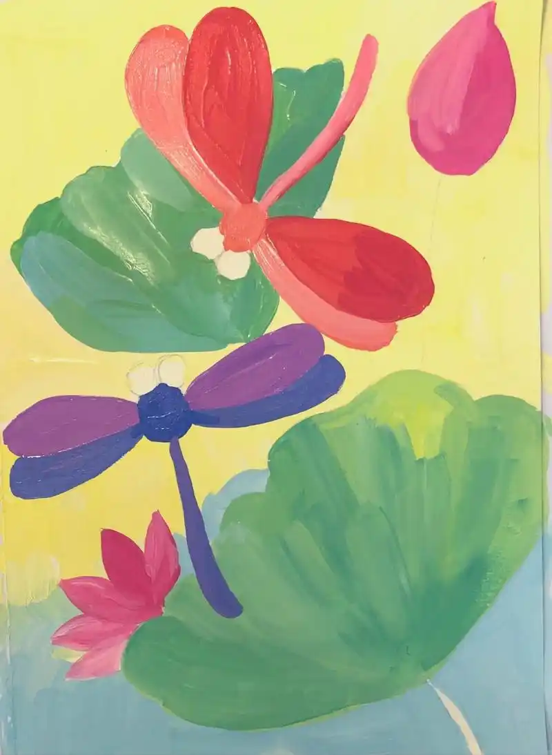 儿童水粉画动物《蜻蜓》附过程图课效 适合八岁以上 会有课件的,现在