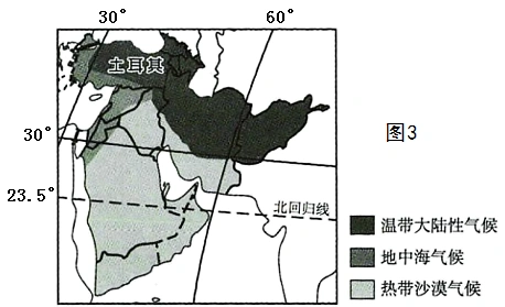 并结合土耳其等高线地形图(图2),中东部分国家气候分布图(图3),从地形