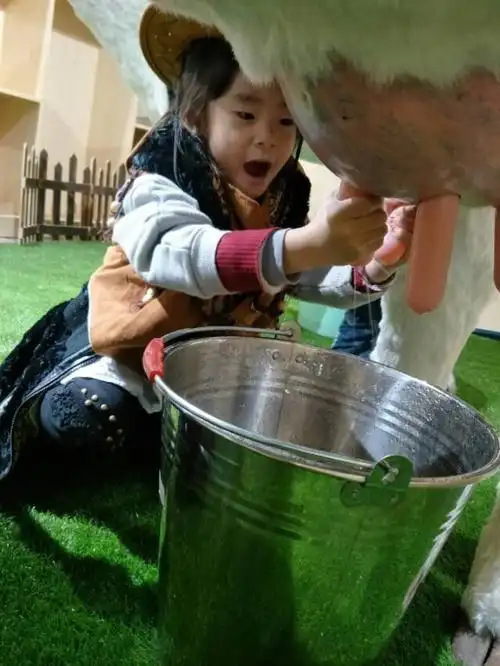 今天在牧场体验了挤牛奶,原来牛奶是从奶牛身体里挤出来的呢!