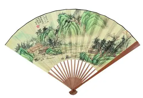 0019 乙酉(1945年)作 青绿山水 成扇 设色纸本