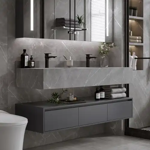 双盆岩板一体现代简约轻奢奢风浴室柜组合洗脸洗手浴室柜组合