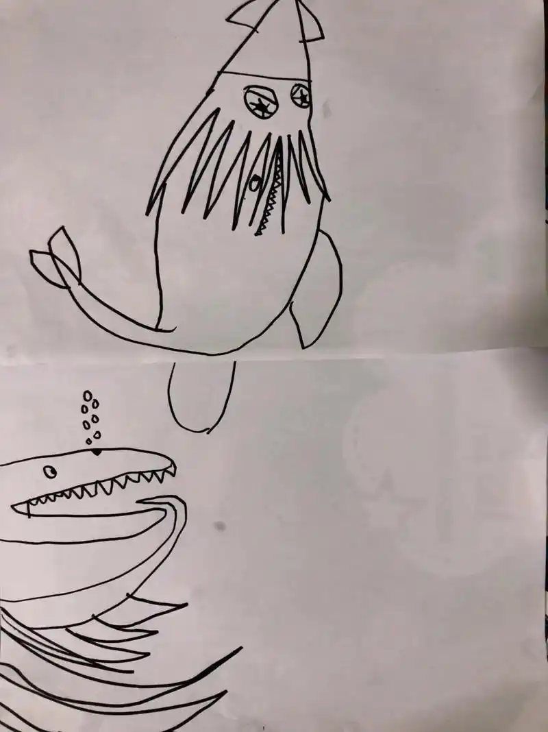 中班小朋友作品[捂脸]大王乌贼大战抹香鲸.大概意思是一只大王 - 抖音