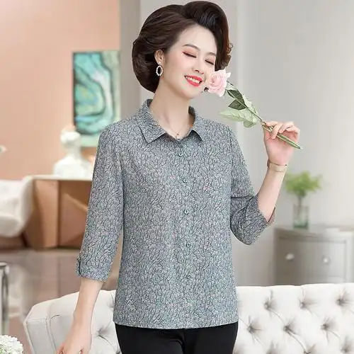 洋气气质妈妈夏装真丝碎花衬衫中老年女桑蚕丝七分袖上衣薄款衬衣
