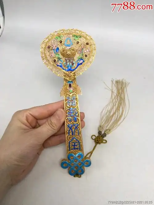 纯银鎏金烧蓝镶嵌宝石福寿双全纹饰花丝如意一柄