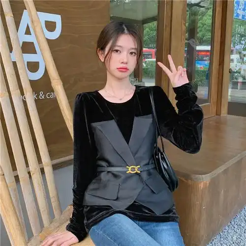 高端欧货设计感假两件收腰气质长袖丝绒上衣 腰带,商品下架区,红磨坊