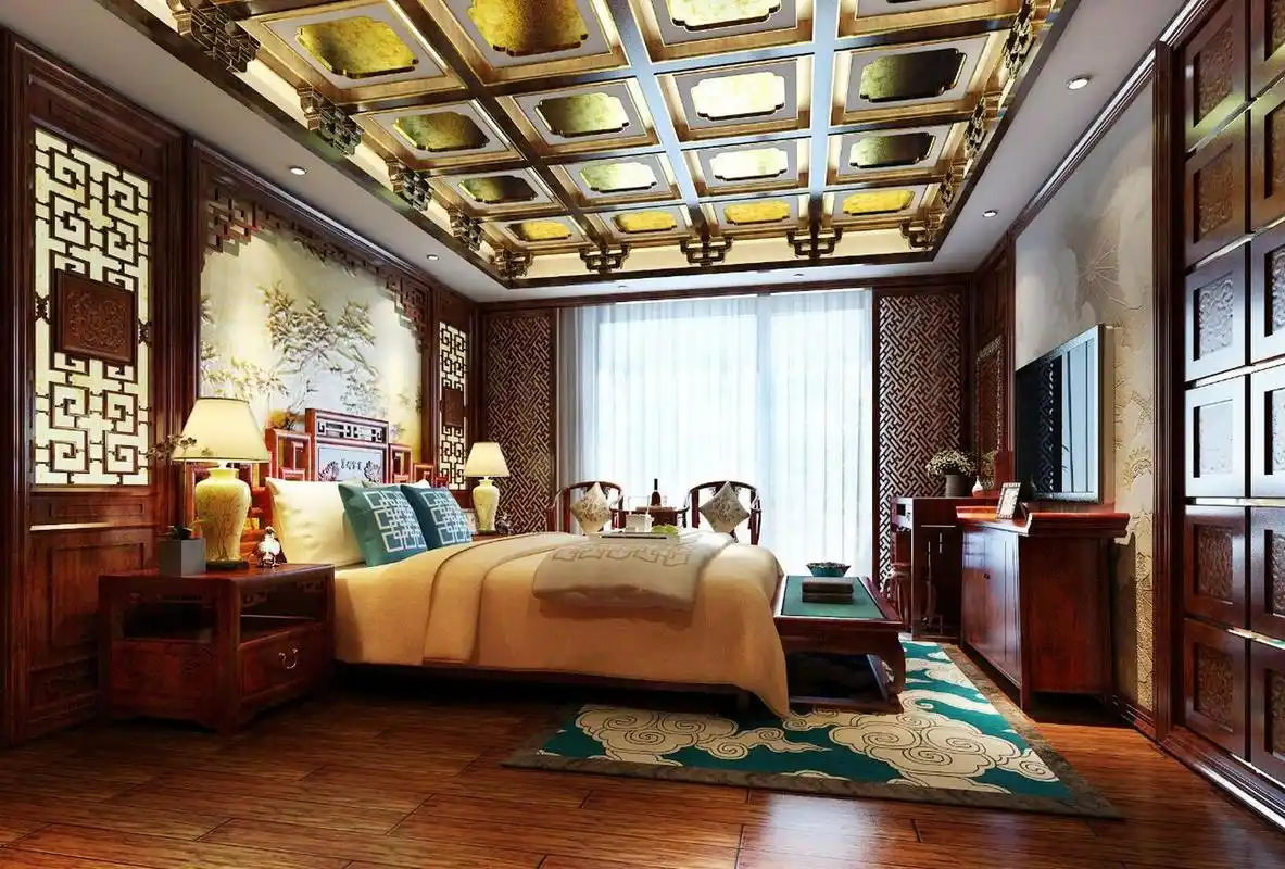 中式古典风格卧室装修,家具陈设讲究对称,中式实木雕刻木作,精致的护