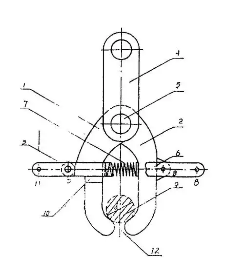 一种用于载荷,卸荷状态下使用的脱钩器,其吊钩由向内弯曲的两活动钳舌