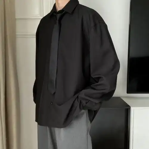 上野秋季新款黑色长袖衬衫男净版内搭叠穿宽松衬衫