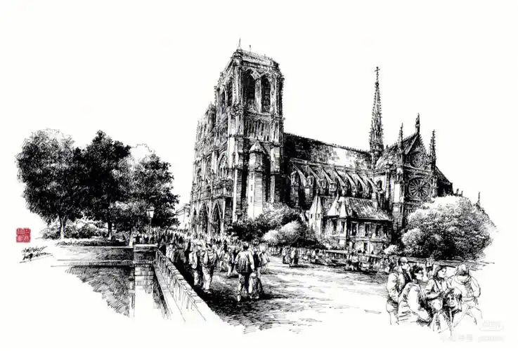 巴黎圣母院钢笔手绘手绘建筑