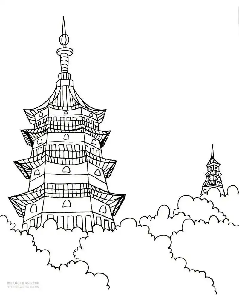 儿童画教程|探寻中国传统古建筑《巍然屹立的古塔》
