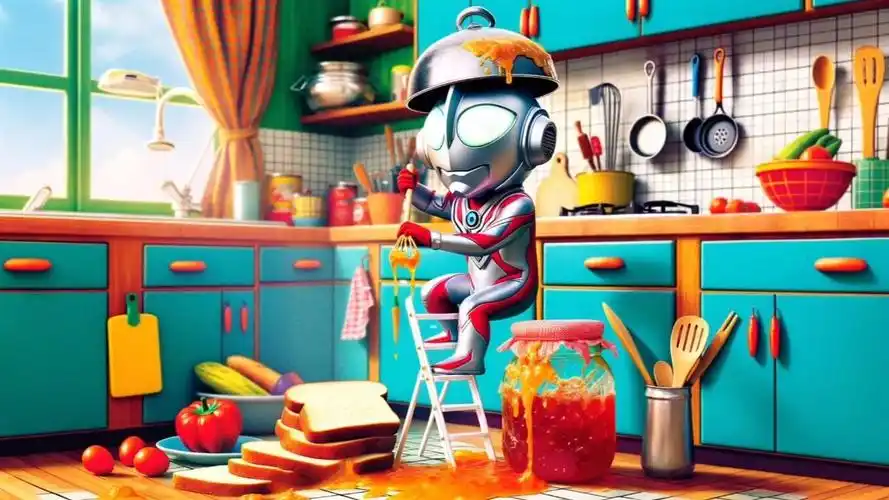 淘气宝宝小奥特曼在家用果酱作画涂满墙