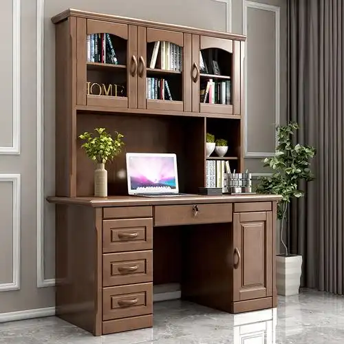 实木书桌带书架组合家用学生写字台书房家具套装电脑书桌书柜一体