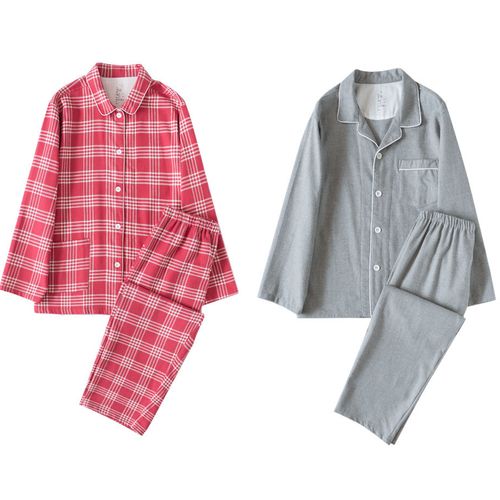 muji无印良品纯棉法兰绒女款睡衣秋冬男士全棉磨毛家居服情侣套装
