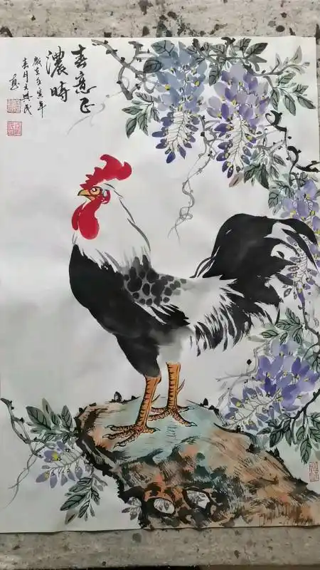 王兴民国画公鸡,春意正浓时
