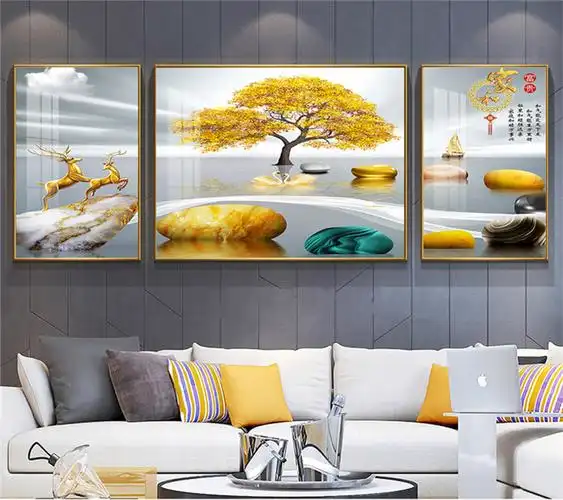 家和富贵客厅装饰画沙发背景墙挂画壁画轻奢三联现代装饰画