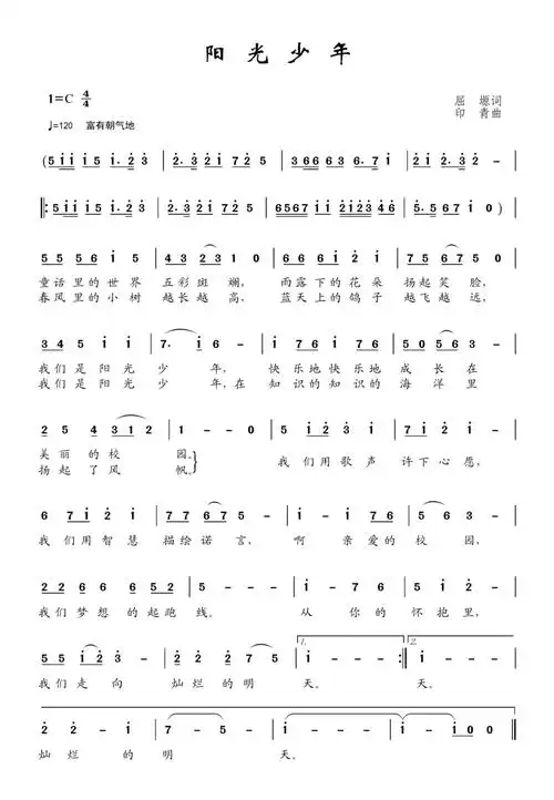 《阳光少年》简谱,歌词  c调歌曲第1张