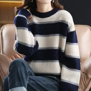 韩版宽松羊毛衫女圆领套头毛衣时尚百搭横条纹拼色大码针织羊绒衫