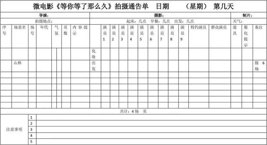 微电影拍摄通告单