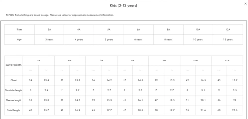 kenzo 高田贤三3-12岁童装1尺码表