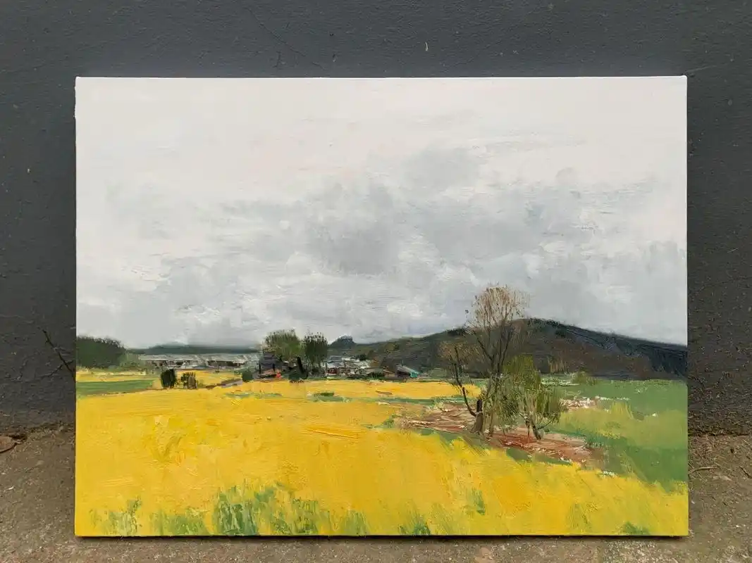 油画风景写生油菜花地