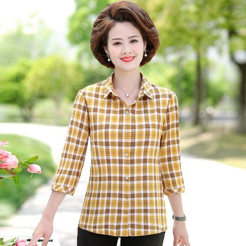 fickan衣服女装妈妈40-50岁中年夏装洋气60中老年女七分袖衬衫格子