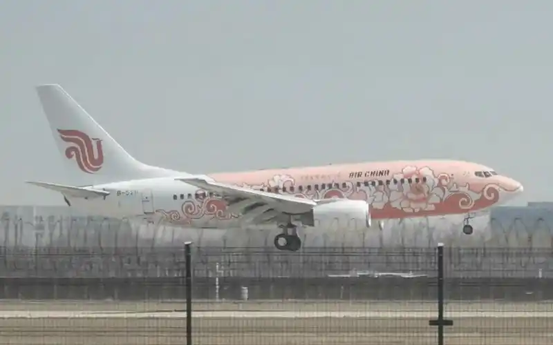 【tsn】国航737"红牡丹"彩绘降落滨海机场跑道16l
