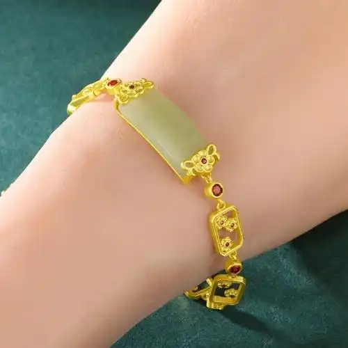 黄金国潮复古手链女18k金镶玉和田玉碧玉梅花方牌手串手链妈妈礼