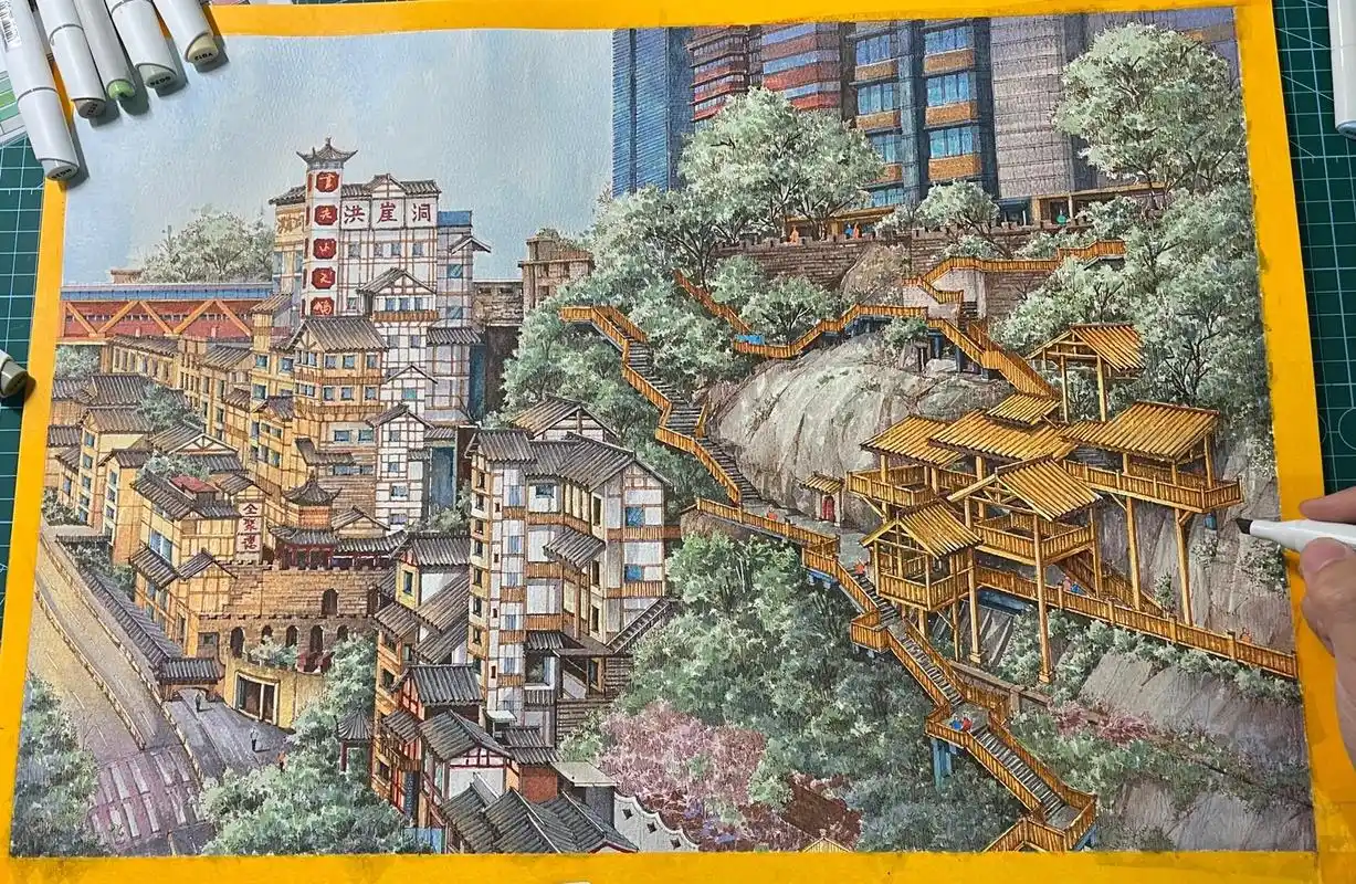 重庆总要来一趟!马克笔手绘-山城三景合集