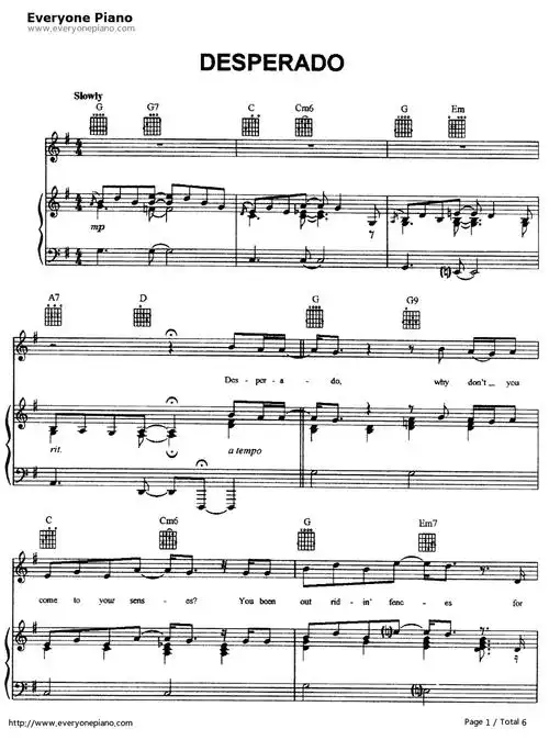 desperado钢琴谱_老鹰乐队_亡命之徒-明明简谱网