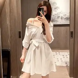 一字肩性感衬衫吊带裙女2020夏季新款法式温柔风洋气露肩连衣裙子