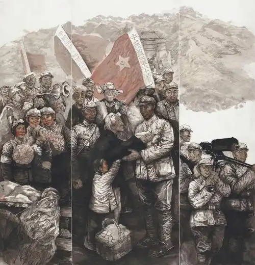 十五军政委吴焕先端水的场景,体现了军民和谐,百姓拥戴红军战士的主题