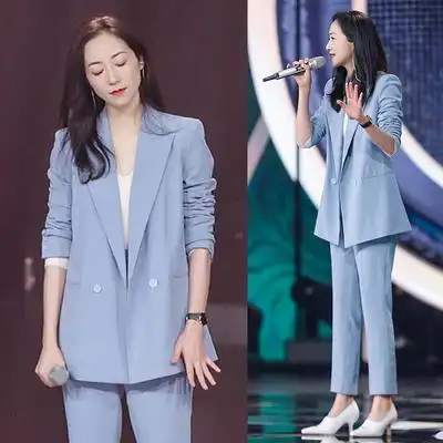 明星同款浅蓝色西装套装女2022春装韩版时尚气质休闲小个子职业装