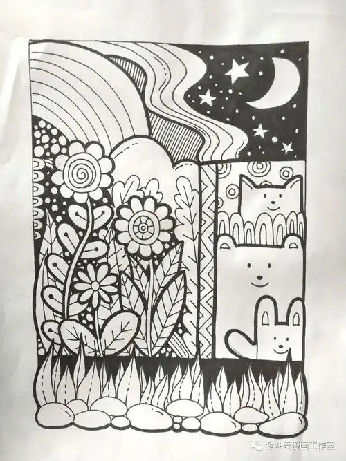 用粗头勾线笔加粗外轮廓,涂实该涂的地方,使画面层次丰富~完成啦!