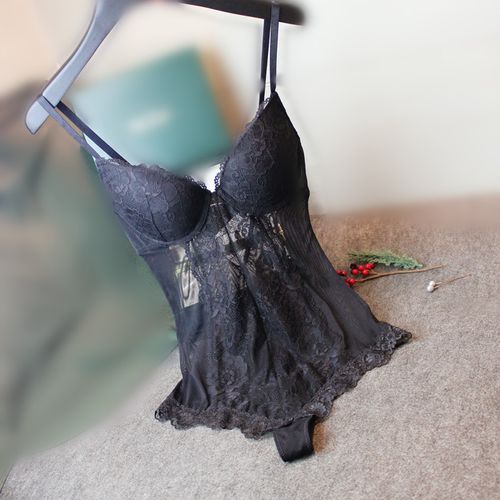 欧美性感束身衣黑色吊带打底聚龙钢托罩杯蕾丝透视网纱连体塑身衣