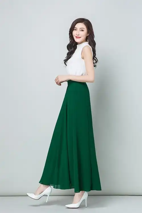 西施仙女绿色字裙中长沙滩裙衣显瘦裙女半身半身裙