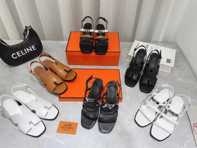 hermes爱马仕新款拼色粗跟全真皮凉鞋女鞋