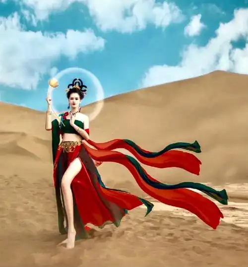 飞天之梦唐有之,敦煌壁画美造姿.舞女才艺天地罕,留宝后人怎探思.